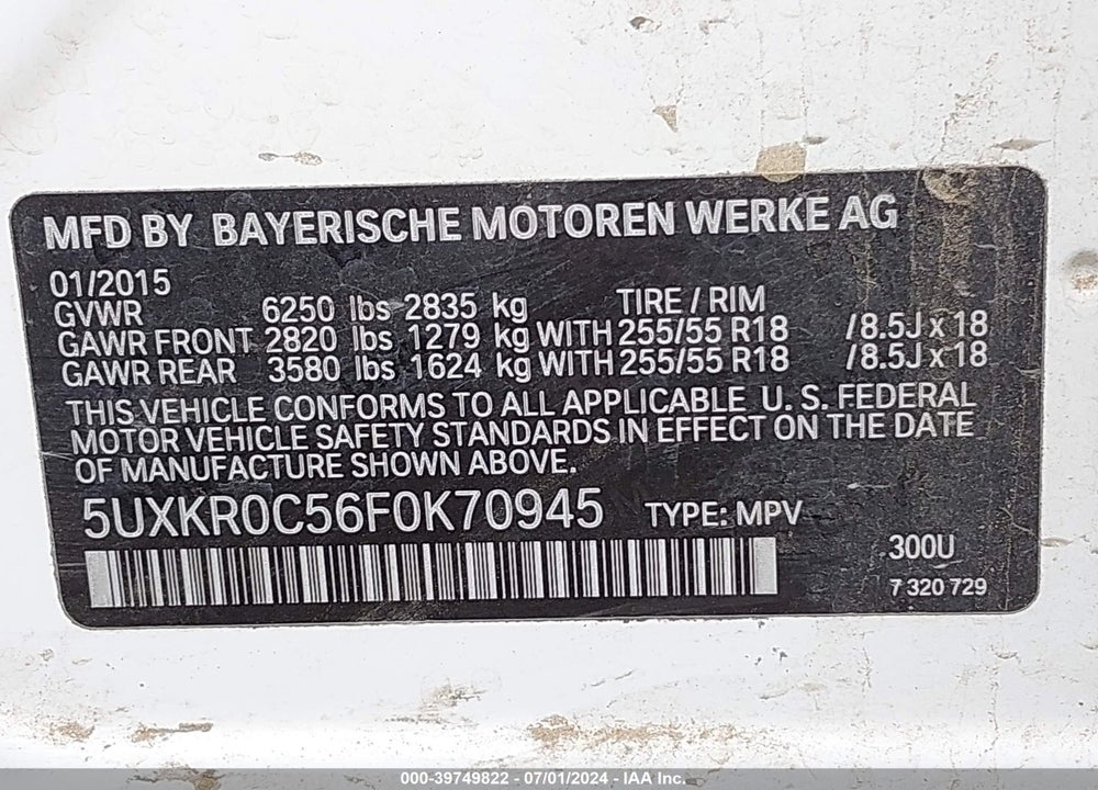2015 BMW X5 XDRIVE35I VIN: 5UXKR0C56F0K70945