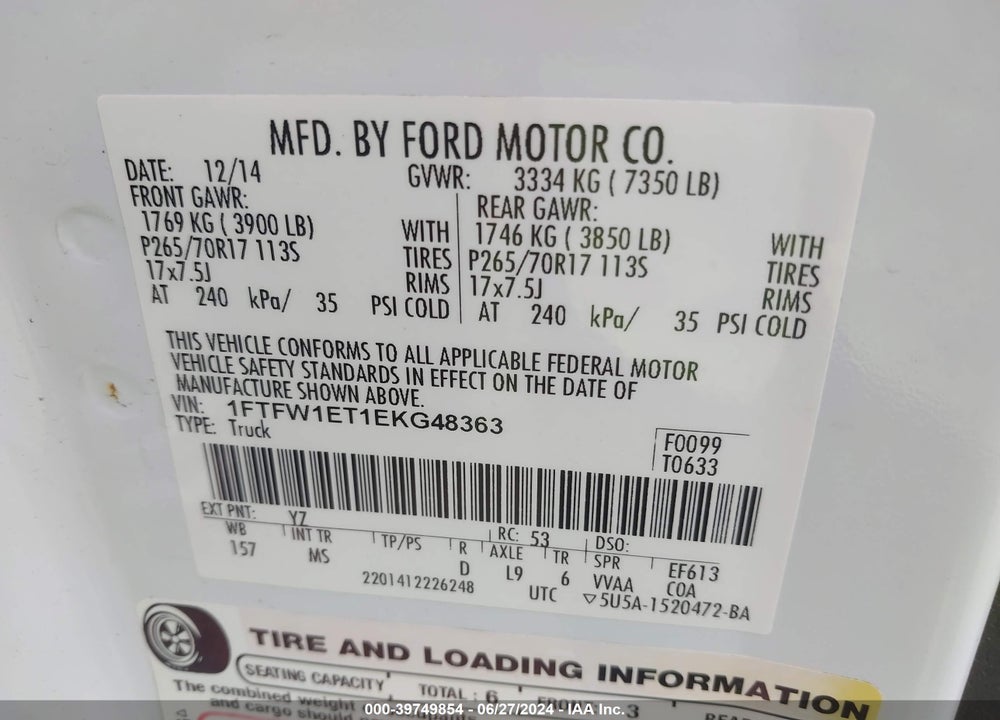 2014 FORD F-150 XLT VIN: 1FTFW1ET1EKG48363
