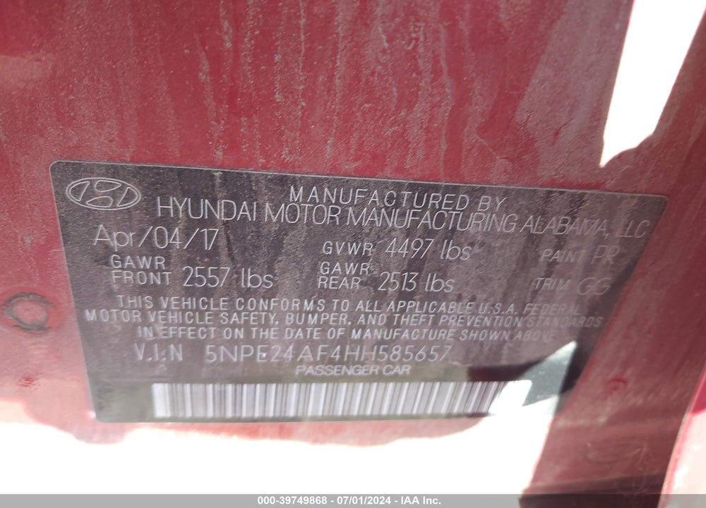 2017 HYUNDAI SONATA VIN: 5NPE24AF4HH585657