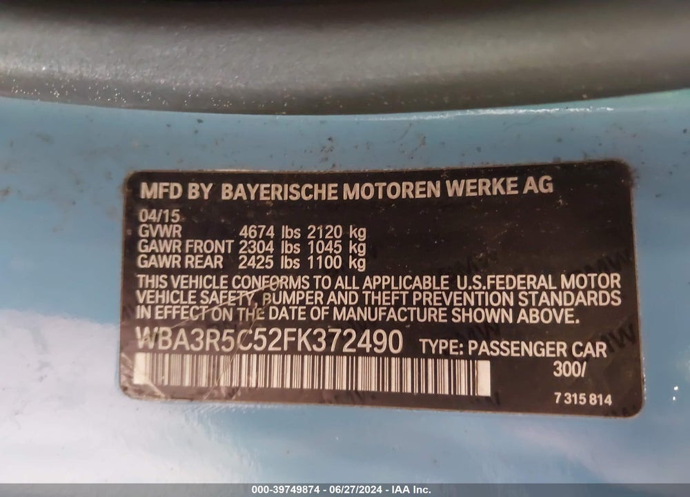 2015 BMW 435I XDRIVE VIN: WBA3R5C52FK372490