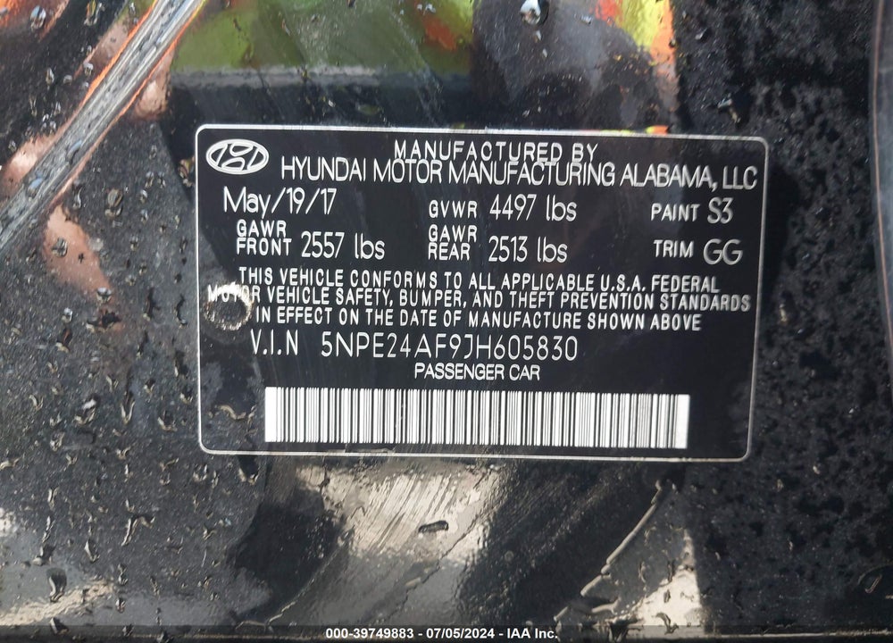 2018 HYUNDAI SONATA SE VIN: 5NPE24AF9JH605830