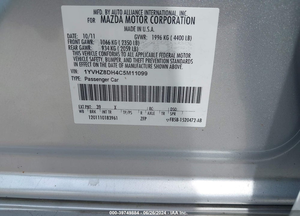 2012 MAZDA 6 I TOURING VIN: 1YVHZ8DH4C5M11099