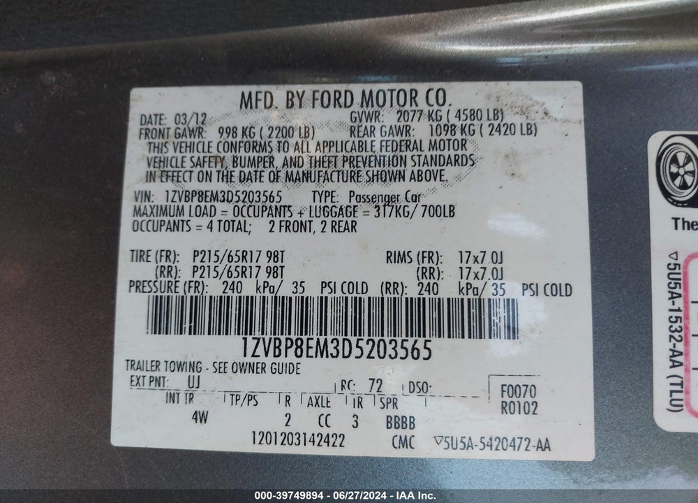 2013 FORD MUSTANG V6 PREMIUM VIN: 1ZVBP8EM3D5203565