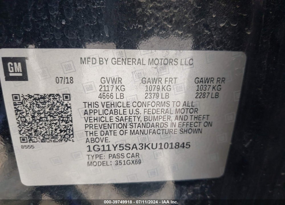 2019 CHEVROLET IMPALA LS VIN: 1G11Y5SA3KU101845