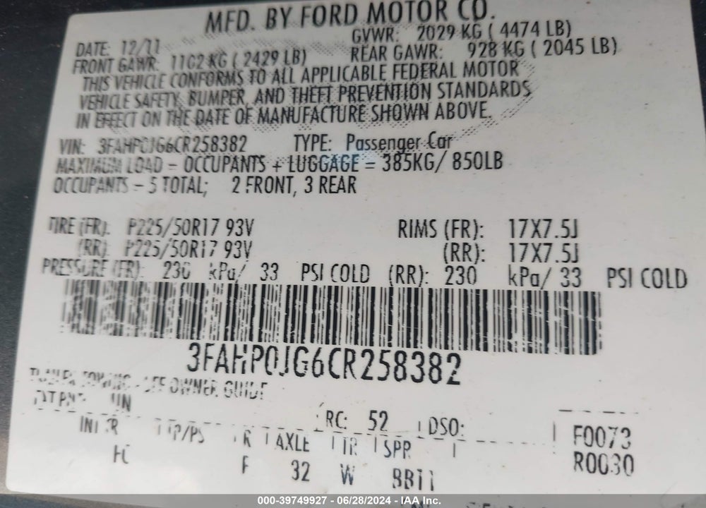 2012 FORD FUSION SEL VIN: 3FAHP0JG6CR258382