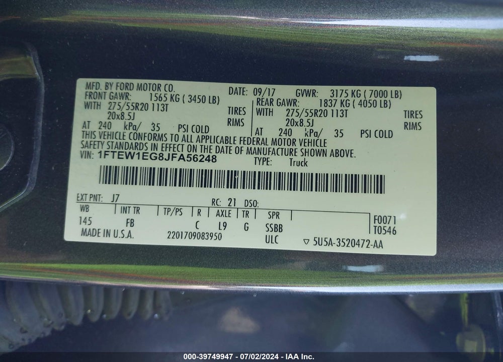 2018 FORD F-150 XLT VIN: 1FTEW1EG8JFA56248