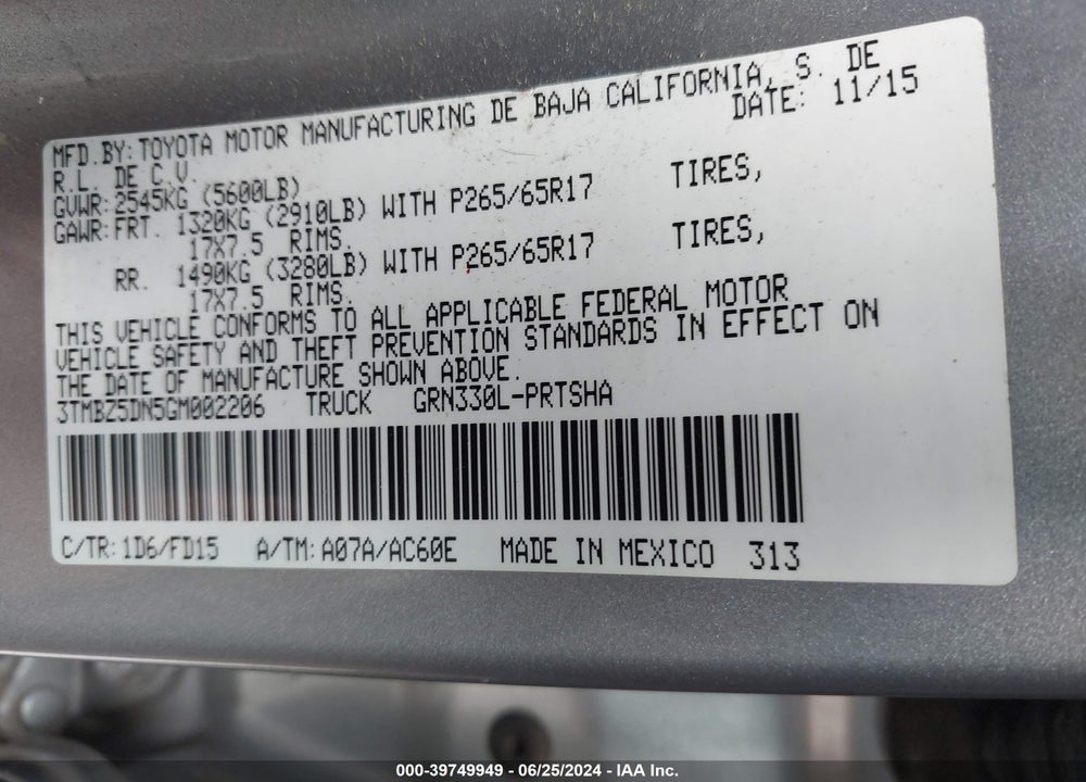 2016 TOYOTA TACOMA SR5 VIN: 3TMBZ5DN5GM002206