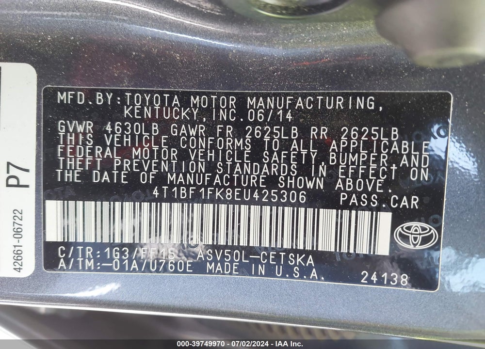 2014 TOYOTA CAMRY SE VIN: 4T1BF1FK8EU425306