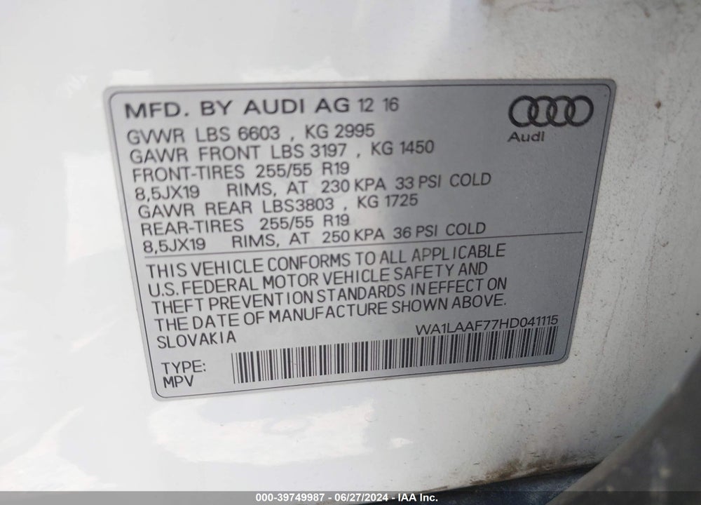 2017 AUDI Q7 3.0T PREMIUM VIN: WA1LAAF77HD041115