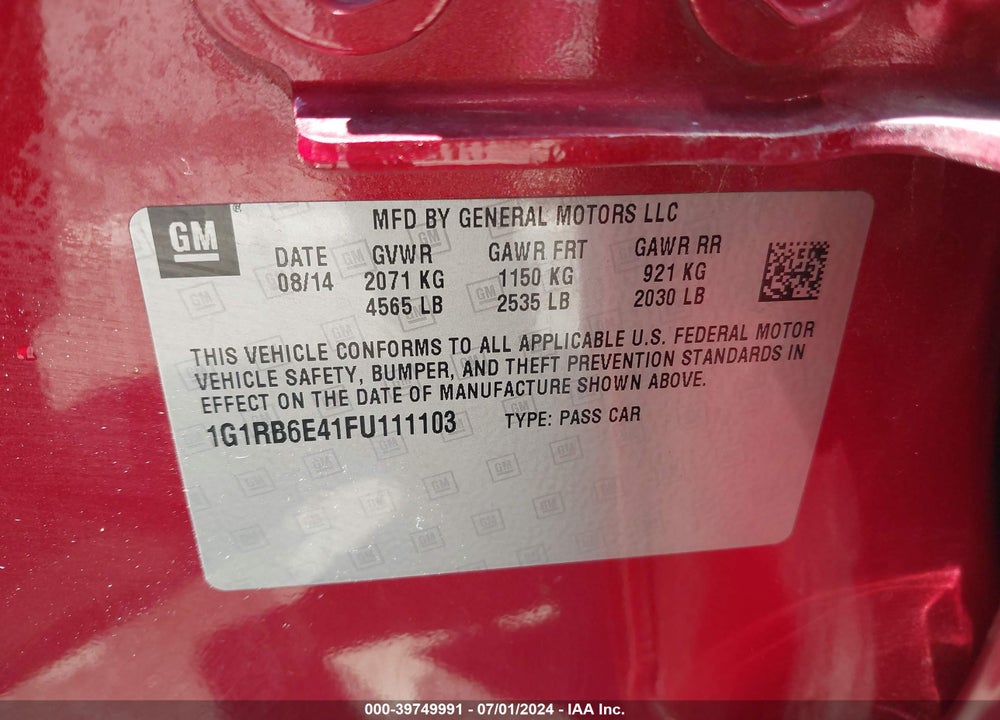 2015 CHEVROLET VOLT VIN: 1G1RB6E41FU111103