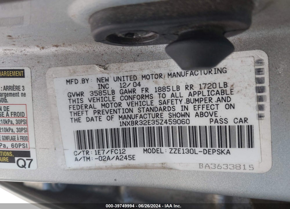 2005 TOYOTA COROLLA S VIN: 1NXBR32E35Z459060