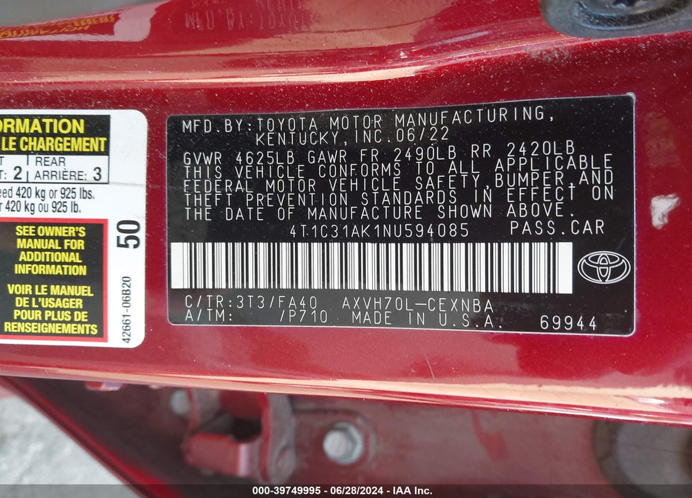 2022 TOYOTA CAMRY LE HYBRID VIN: 4T1C31AK1NU594085