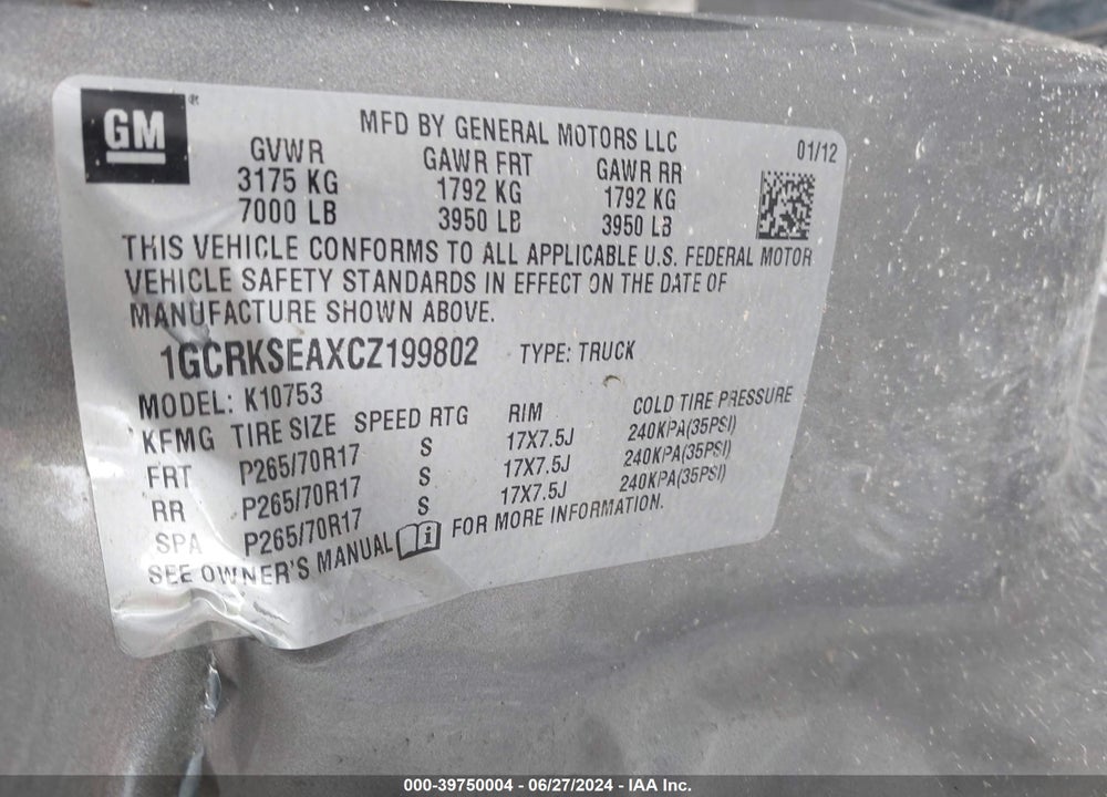 2012 CHEVROLET SILVERADO 1500 LT VIN: 1GCRKSEAXCZ199802