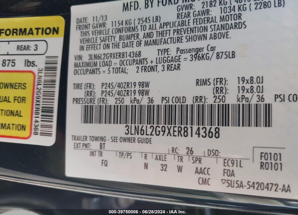 2014 LINCOLN MKZ VIN: 3LN6L2G9XER814368