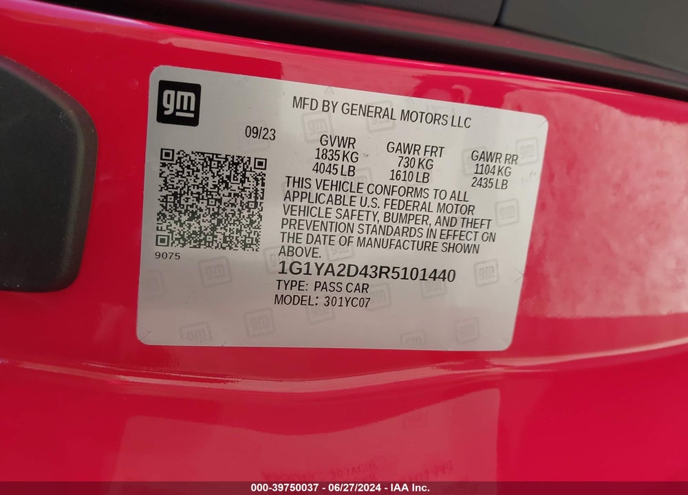 2024 CHEVROLET CORVETTE STINGRAY RWD 1LT VIN: 1G1YA2D43R5101440