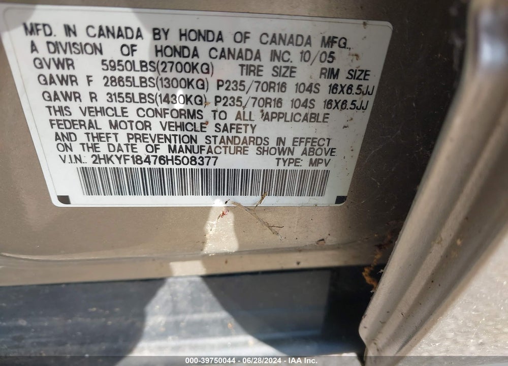 2006 HONDA PILOT EX VIN: 2HKYF18476H508377
