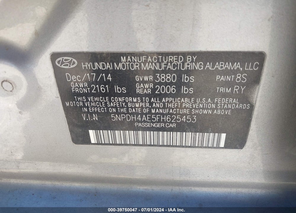 2015 HYUNDAI ELANTRA LIMITED VIN: 5NPDH4AE5FH625453