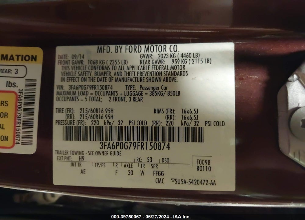 2015 FORD FUSION VIN: 3FA6P0G79FR150874