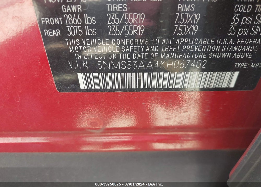 2019 HYUNDAI SANTA FE LIMITED 2.0T VIN: 5NMS53AA4KH067402