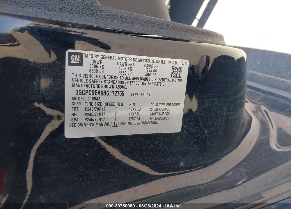 2011 CHEVROLET SILVERADO 1500 LT VIN: 3GCPCSEA0BG172756