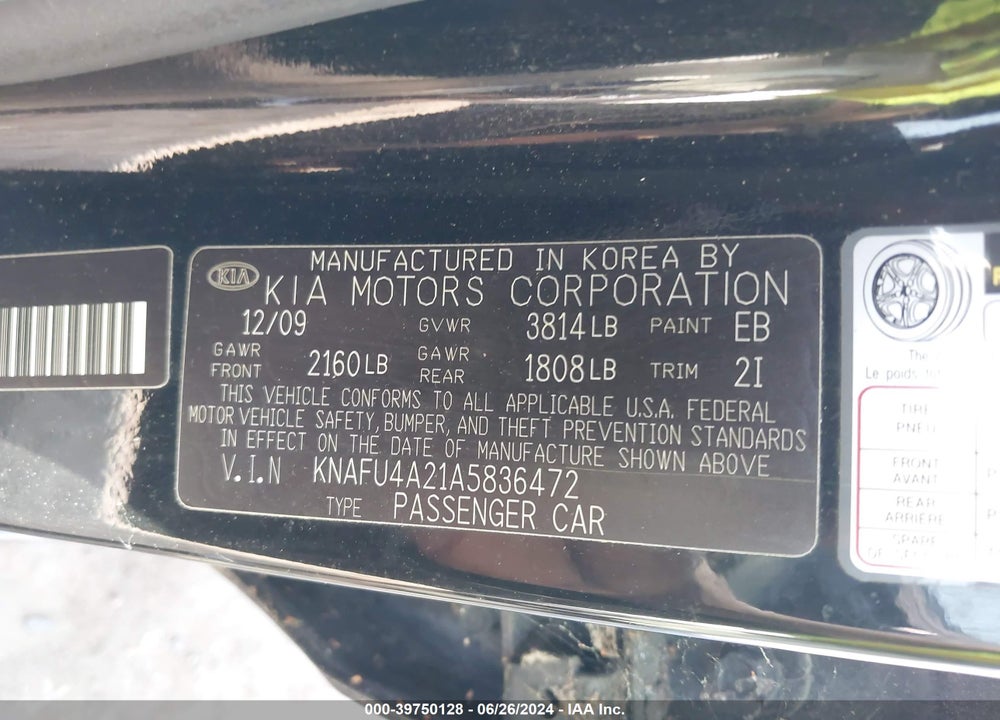 2010 KIA FORTE EX VIN: KNAFU4A21A5836472