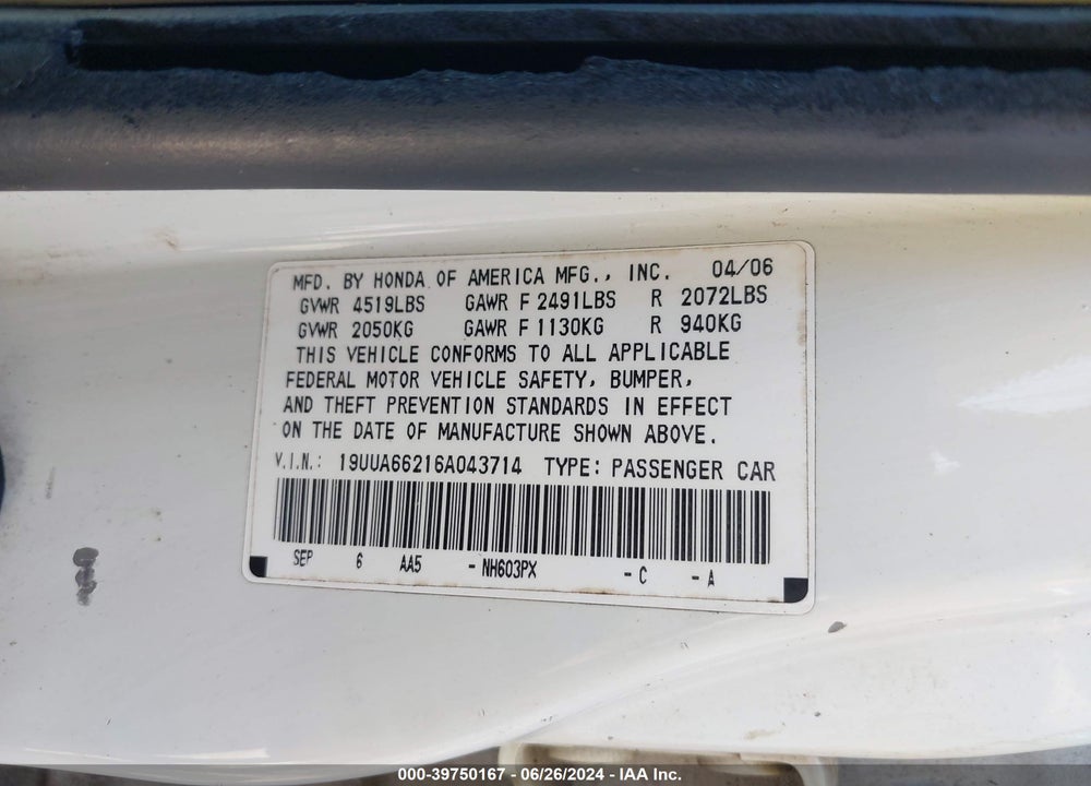 2006 ACURA TL VIN: 19UUA66216A043714