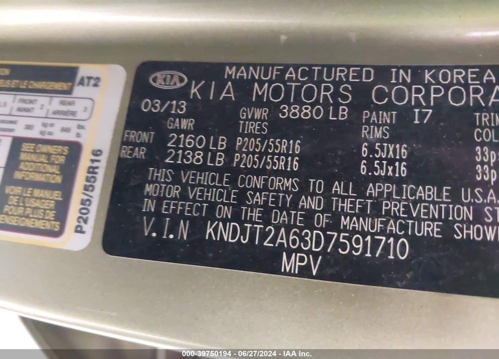 2013 KIA SOUL VIN: KNDJT2A63D7591710