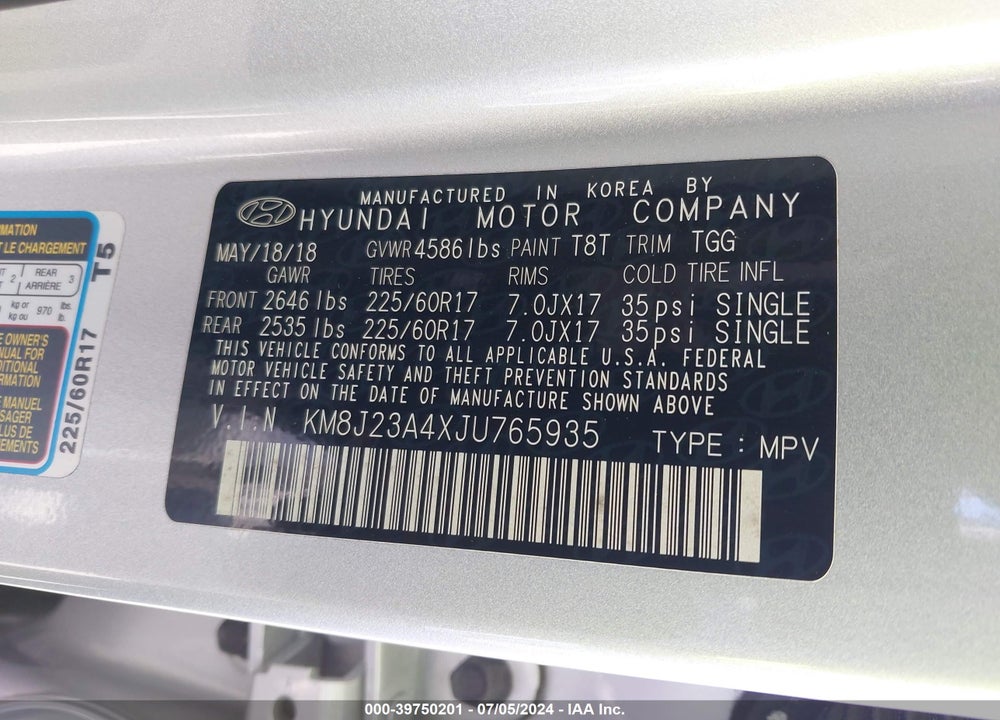 2018 HYUNDAI TUCSON SE VIN: KM8J23A4XJU765935