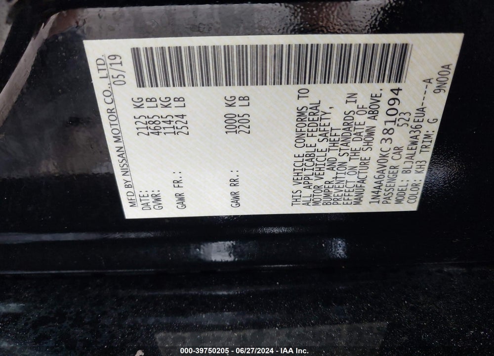2019 NISSAN MAXIMA 3.5 SL VIN: 1N4AA6AV0KC381094