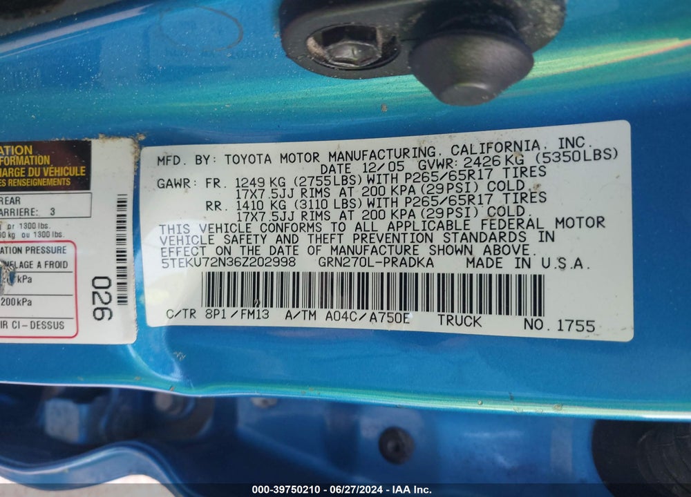 2006 TOYOTA TACOMA PRERUNNER V6 VIN: 5TEKU72N36Z202998