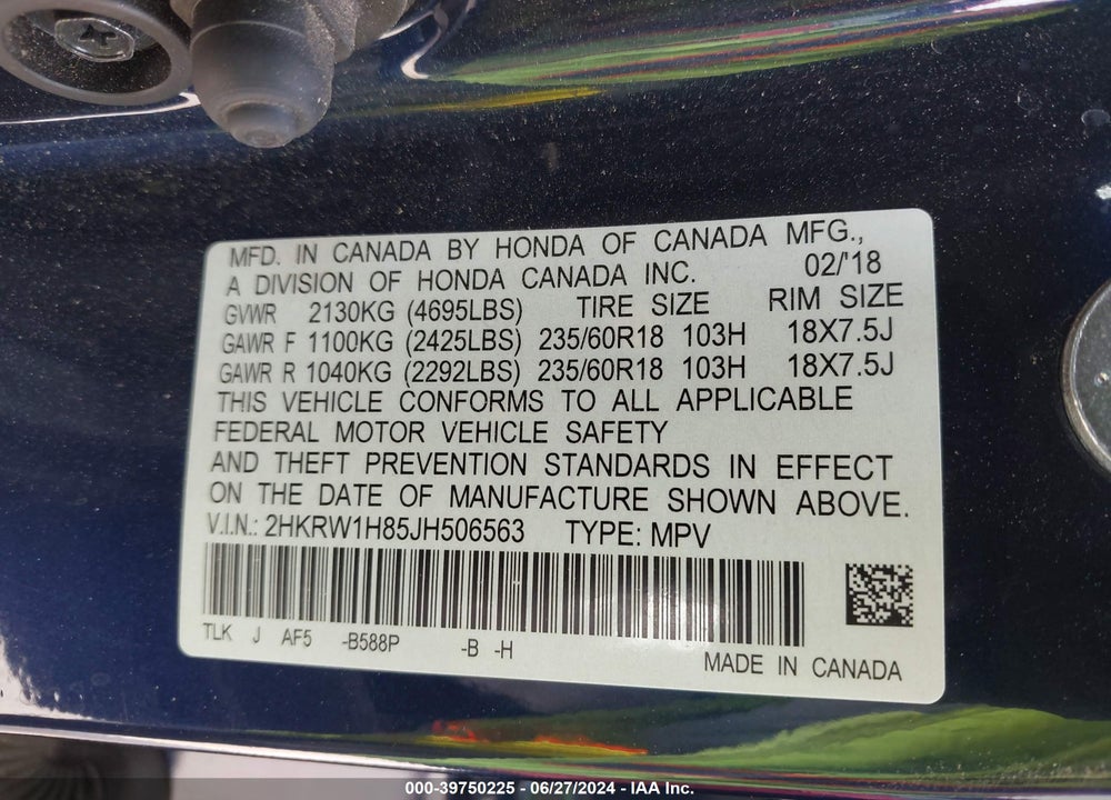 2018 HONDA CR-V EX-L/EX-L NAVI VIN: 2HKRW1H85JH506563