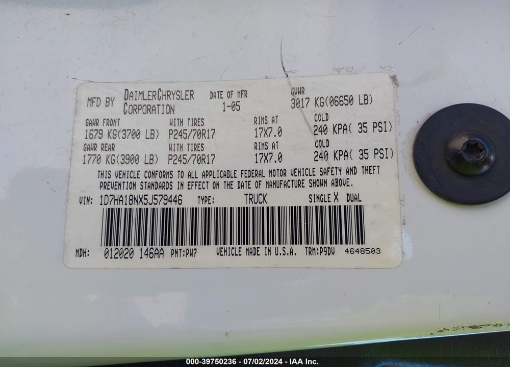 2005 DODGE RAM 1500 ST VIN: 1D7HA18NX5J579446
