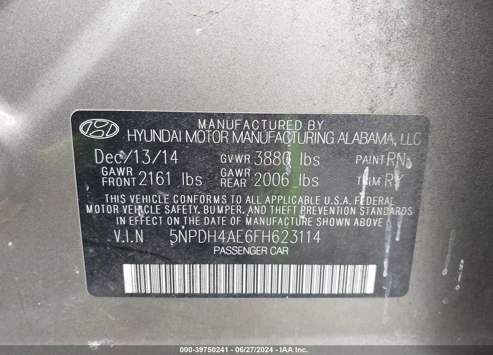 2015 HYUNDAI ELANTRA LIMITED VIN: 5NPDH4AE6FH623114