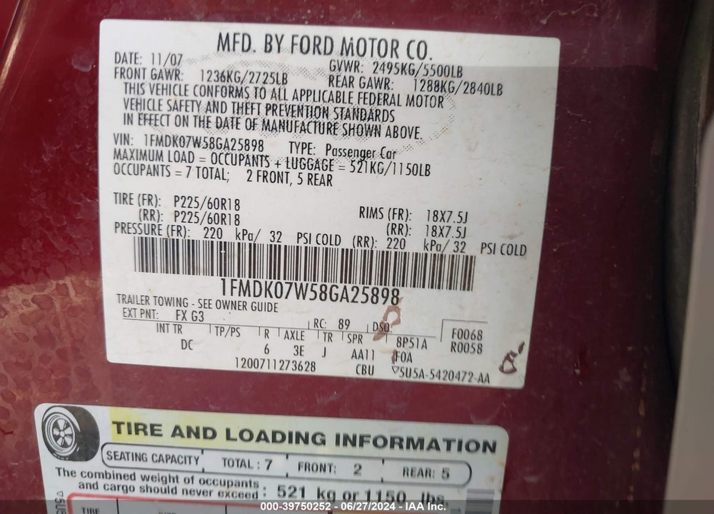 2008 FORD TAURUS X EDDIE BAUER VIN: 1FMDK07W58GA25898