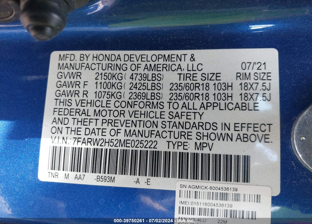 2021 HONDA CR-V AWD EX VIN: 7FARW2H52ME025222