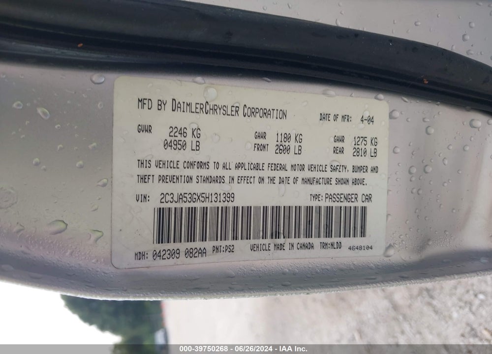 2005 CHRYSLER 300 TOURING VIN: 2C3JA53GX5H131399