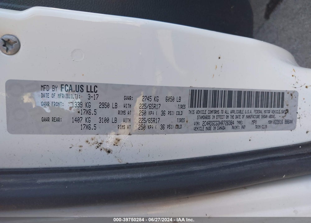 2017 DODGE GRAND CARAVAN SXT VIN: 2C4RDGCG3HR726384