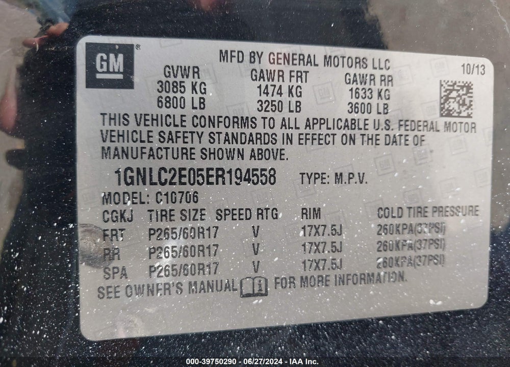 2014 CHEVROLET TAHOE COMMERCIAL FLEET VIN: 1GNLC2E05ER194558