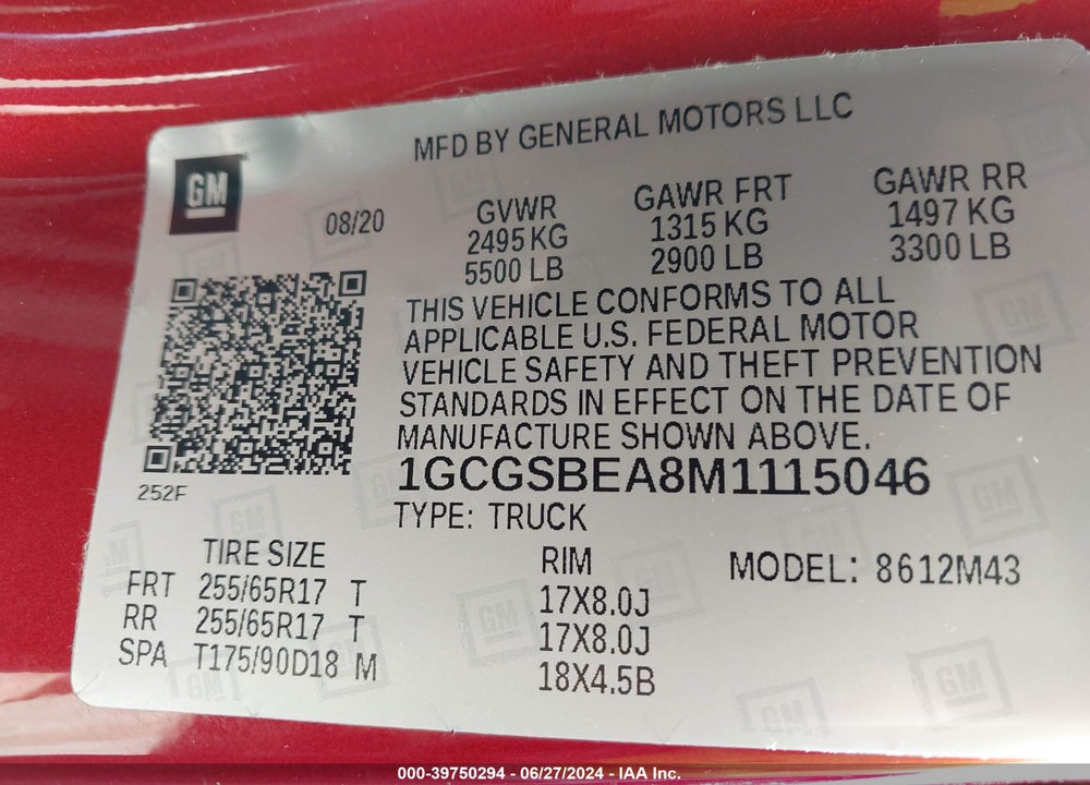2021 CHEVROLET COLORADO 2WD SHORT BOX WT VIN: 1GCGSBEA8M1115046