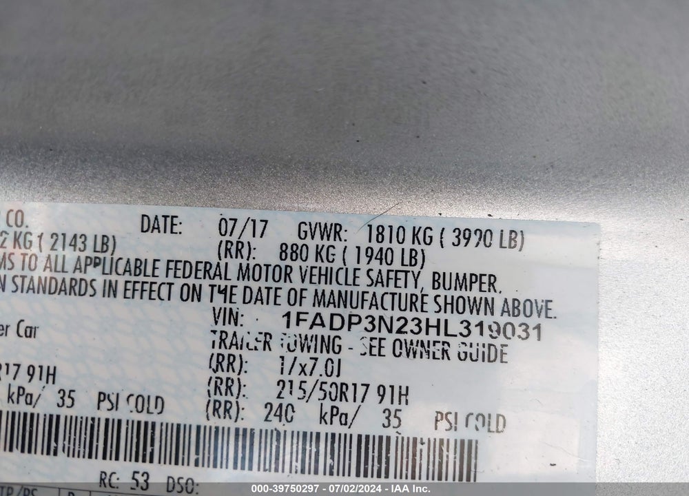 2017 FORD FOCUS TITANIUM VIN: 1FADP3N23HL319031