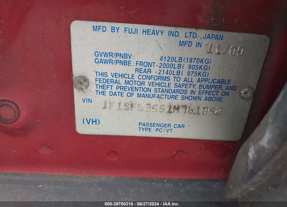 2001 SUBARU FORESTER L VIN: JF1SF63551H761052
