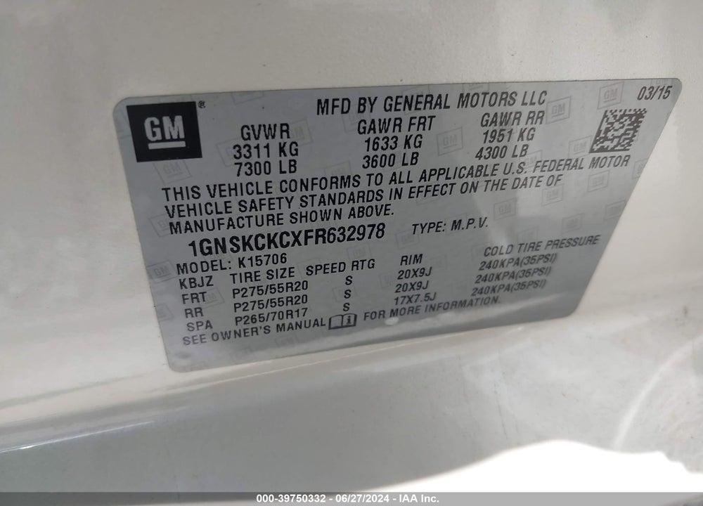 2015 CHEVROLET TAHOE LTZ VIN: 1GNSKCKCXFR632978