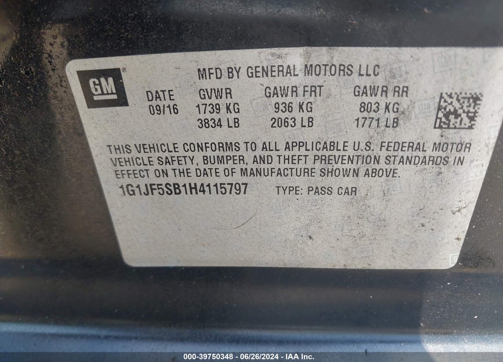 2017 CHEVROLET SONIC PREMIER AUTO VIN: 1G1JF5SB1H4115797
