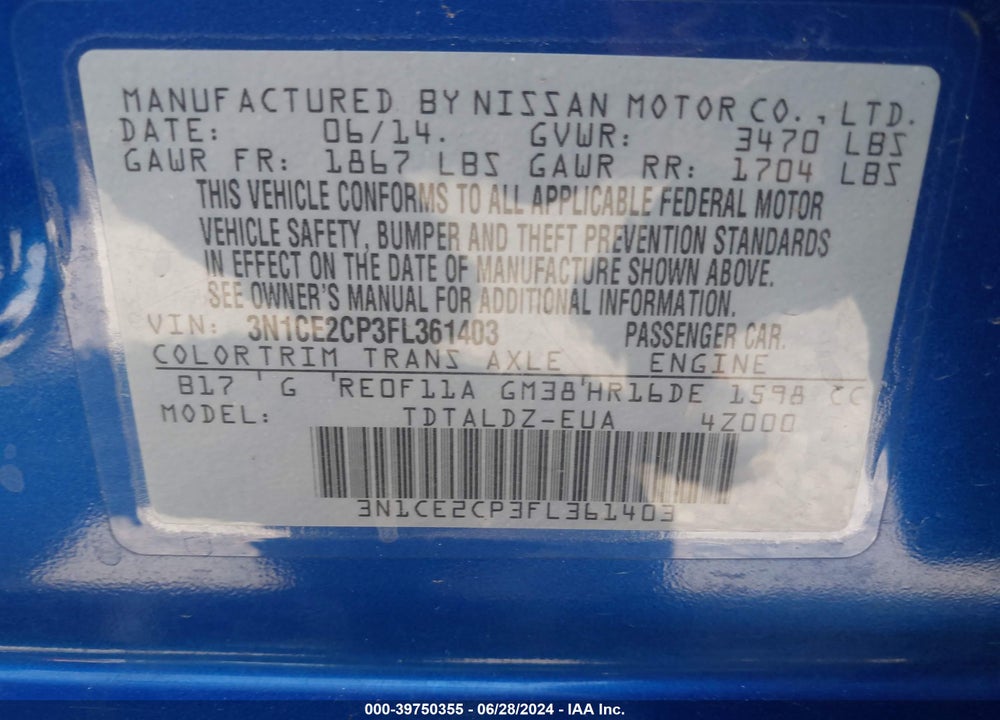 2015 NISSAN VERSA NOTE S (SR)/S PLUS/SL/SR/SV VIN: 3N1CE2CP3FL361403
