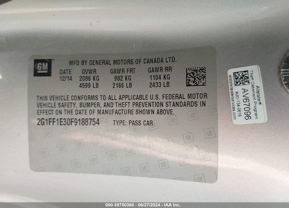 2015 CHEVROLET CAMARO VIN: 2G1FF1E30F9188754