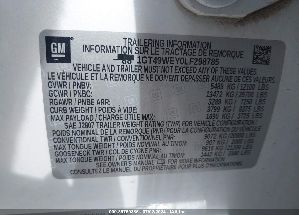 2020 GMC SIERRA 3500HD 4WD  LONG BED DENALI/4WD  STANDARD BED DENALI VIN: 1GT49WEY0LF298785