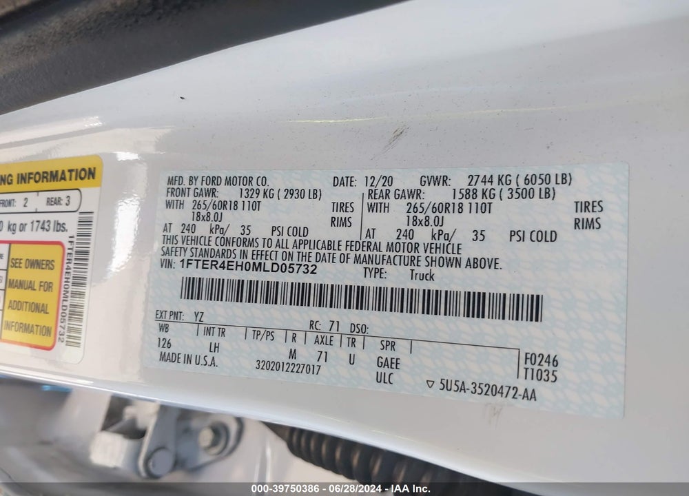 2021 FORD RANGER XL VIN: 1FTER4EH0MLD05732