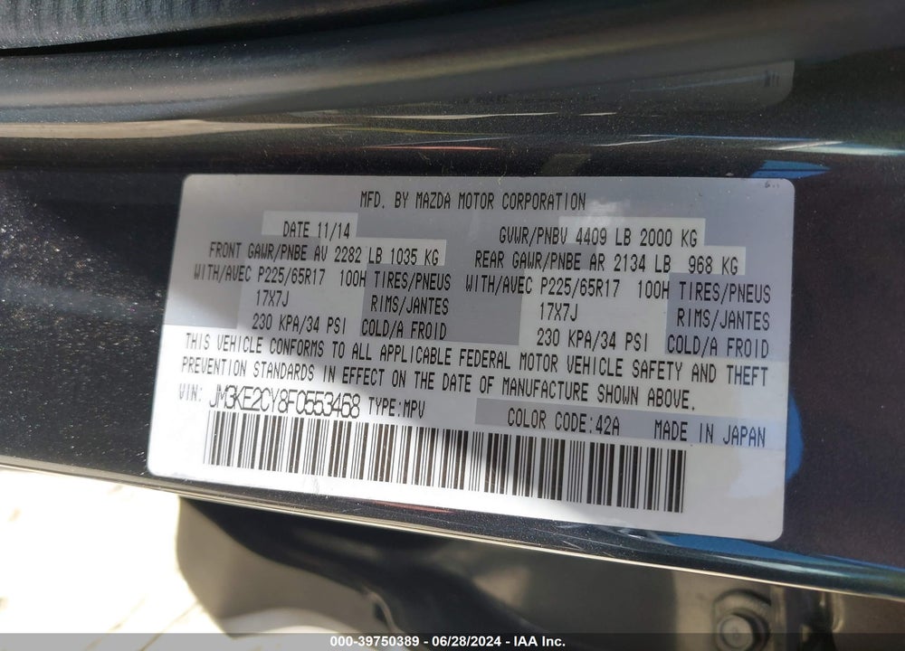 2015 MAZDA CX-5 TOURING VIN: JM3KE2CY8F0553468
