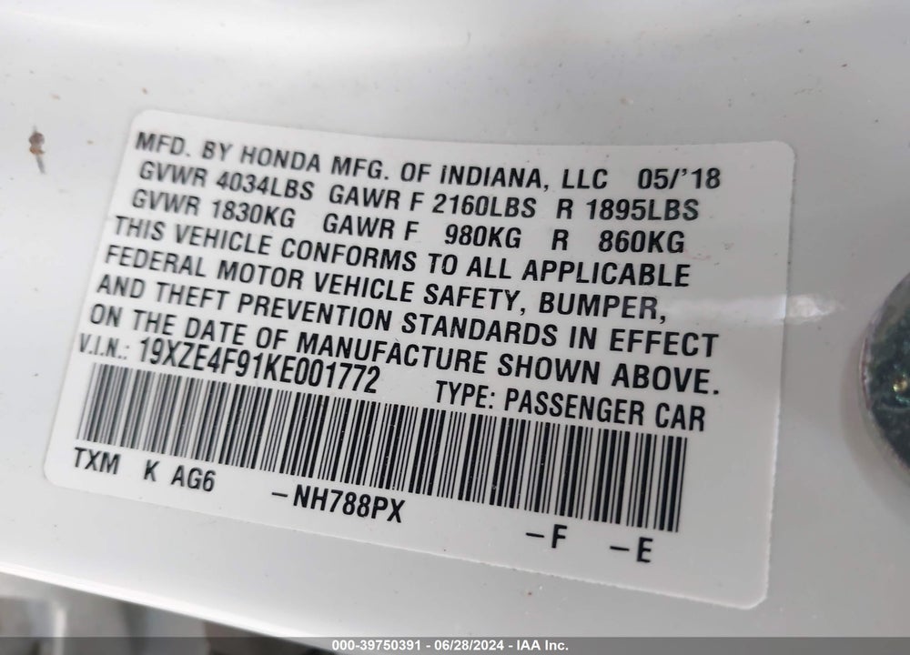 2019 HONDA INSIGHT TOURING VIN: 19XZE4F91KE001772