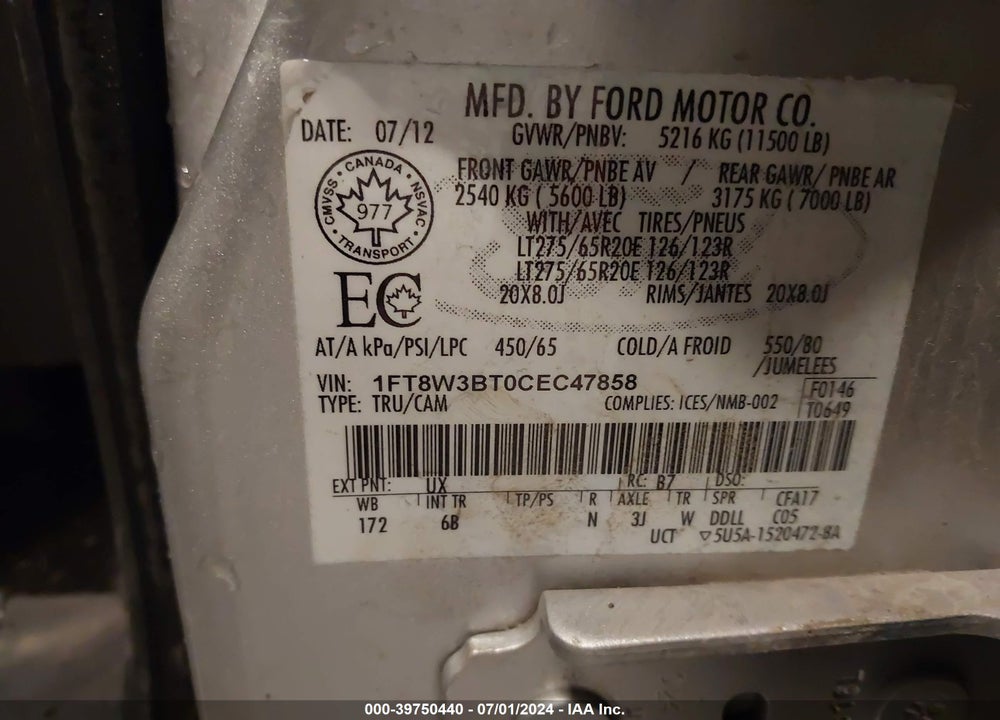 2012 FORD F-350 LARIAT VIN: 1FT8W3BT0CEC47858